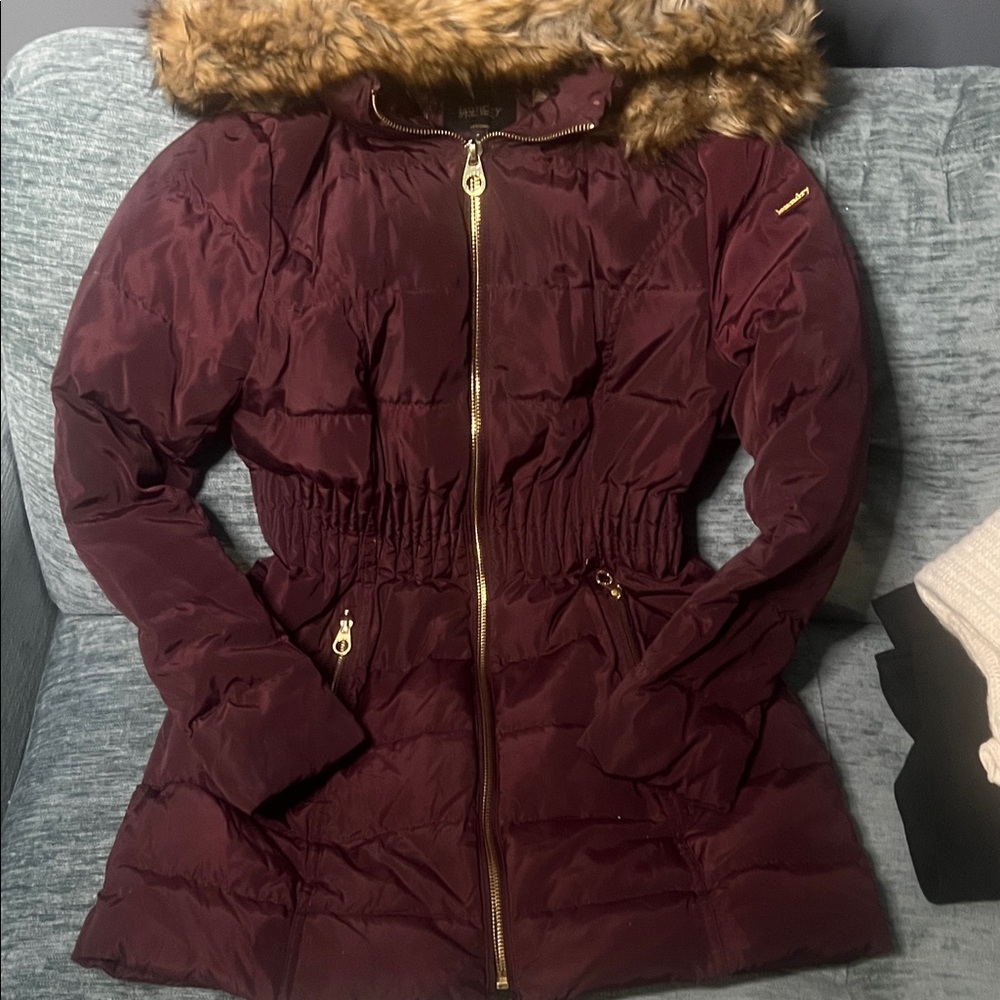 Maroon Puffer Jacket with Faux Fur Trim